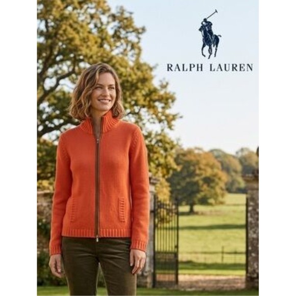 Ralph Lauren Sweaters - Ralph Lauren Vintage Y2K Burnt Orange Ribbed Knit Zip Up Sweater Preppy Sz Large